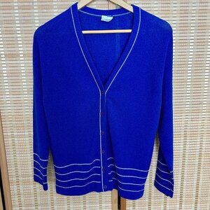 Vintage Blue Cardigan Sweater With White Stripes